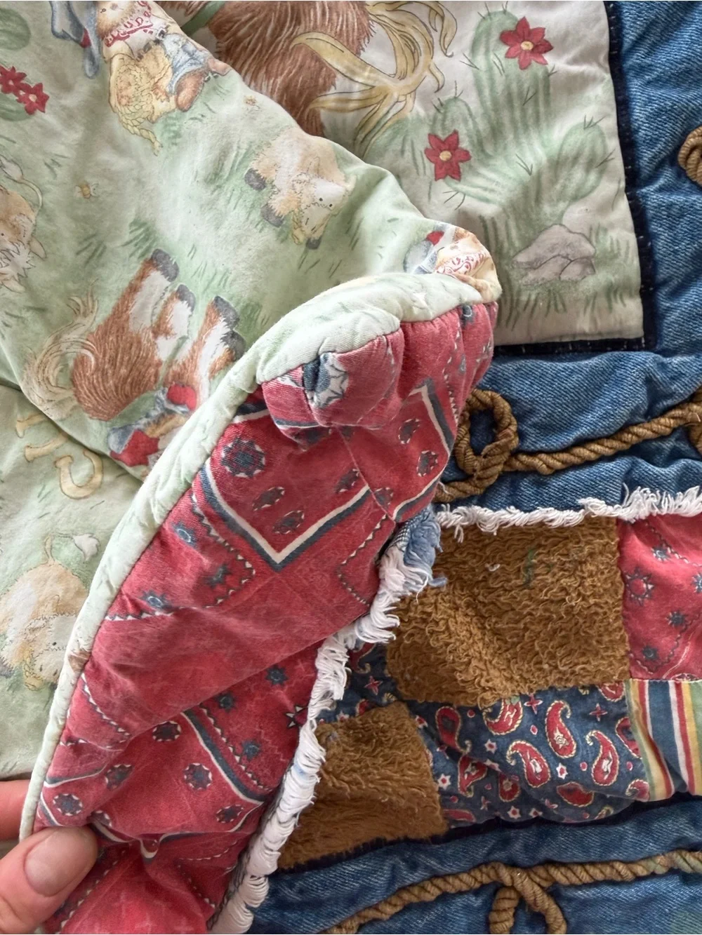 Vintage Cowpoke Patchwork Baby Quilt - Red, Blue, Brown